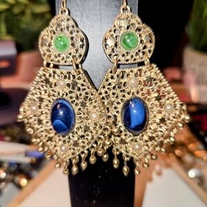 Gold and Blue Teardrop Filigree Earrings